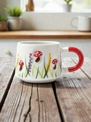 Kabartma Papatyalı Mantar Desenli Seramik Kupa