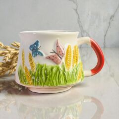 Kabartma Kelebek Desenli Seramik Kupa