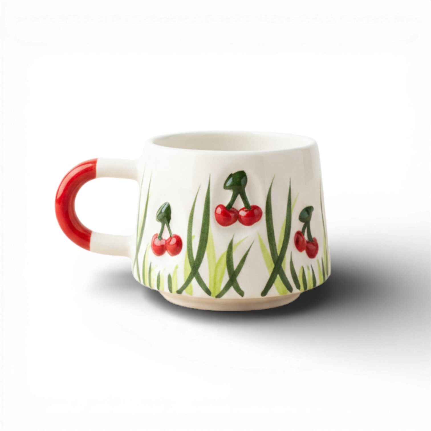 Çukurdaki Kabartma Kirazlar Kupa Bardak, Hediyelik  Baby Kiraz Desenli Kabartma Seramik Kupa Bardak