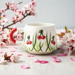 Çukurdaki Kabartma Kirazlar Kupa Bardak, Hediyelik  Baby Kiraz Desenli Kabartma Seramik Kupa Bardak