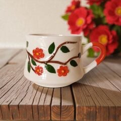 Beni Unutma Çiçeği Kırmızı, İki Boyutlu Kabartma Seramik Kupa, El İşi Desenli Kupa