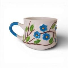 Beni Unutma Çiçeği Mavi Renk, El İşi Desen Kabartma Seramik Kupa Bardak Duble Kahve Fincanı