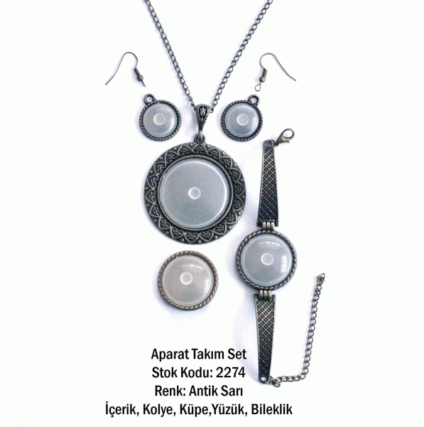 Kolye Bileklik Yüzük Küpe Aparat Takım Set 2274 Antik Sarı