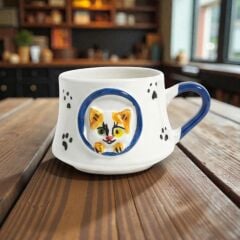 Camdan Bakan Lacivert Kedi Figürlü Kabartma Seramik Kupa