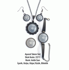 Kolye Bileklik Yüzük Küpe Aparat Takım Set 2271 Antik Sarı