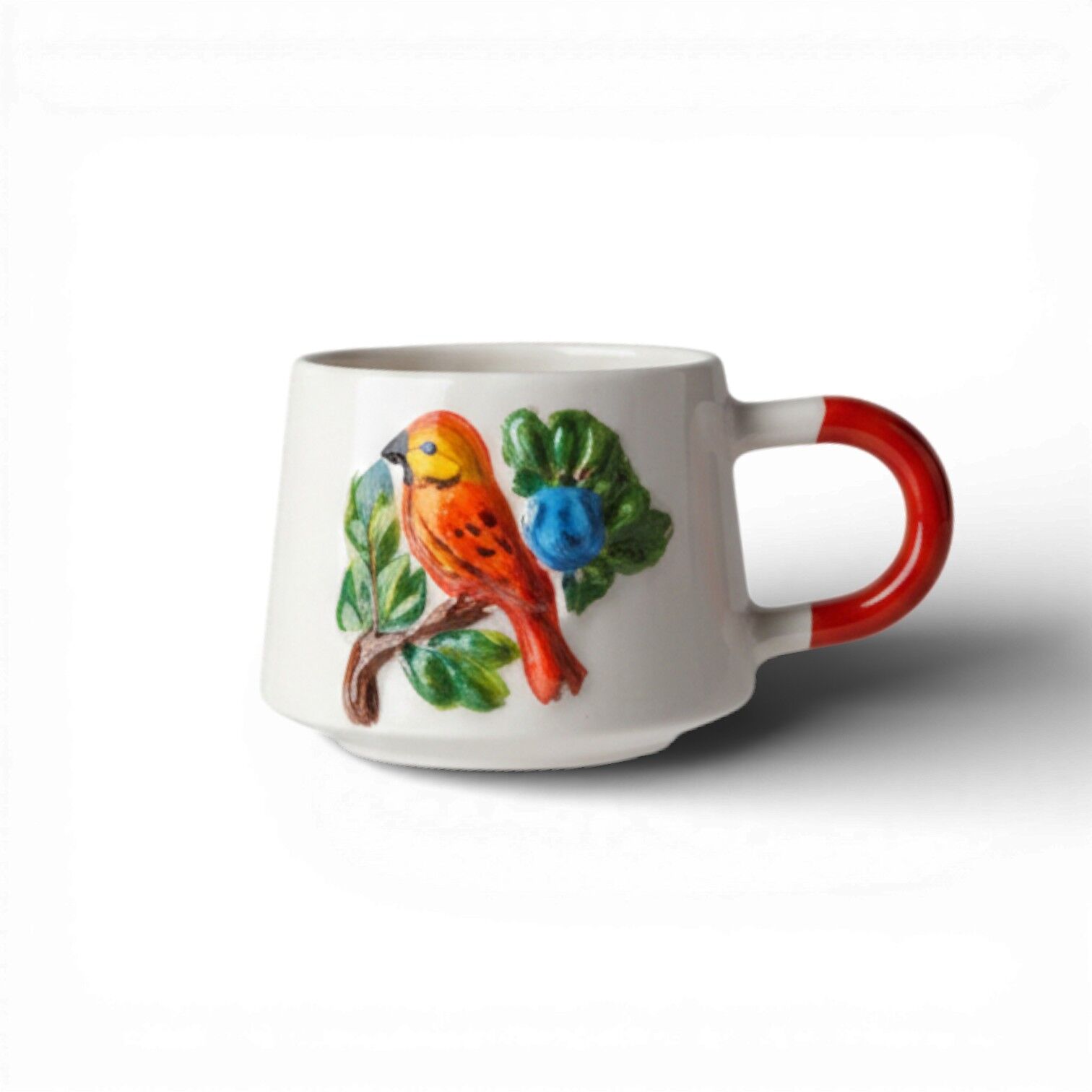 Turuncu Kuş Figürlü Kabartma Seramik Kupa