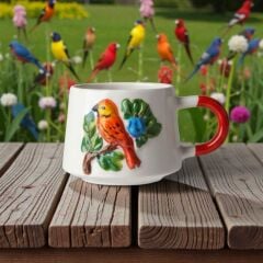 Turuncu Kuş Figürlü Kabartma Seramik Kupa