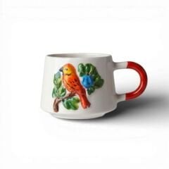 Turuncu Kuş Figürlü Kabartma Seramik Kupa