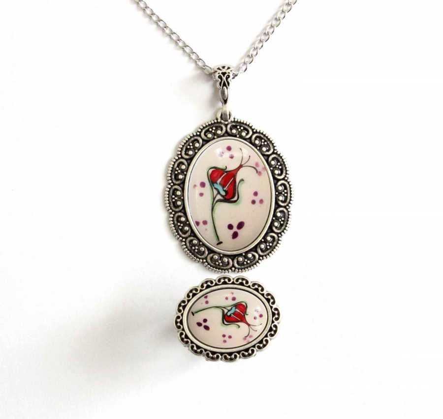 İlbay Çini Takı  Kolye Yüzük Seti 2528DS078