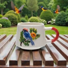 Mavi Kuş Figürlü Kabartma Seramik Kupa