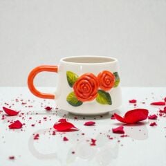 Turuncu Renk Gül Figürlü Kabartma Seramik Kupa