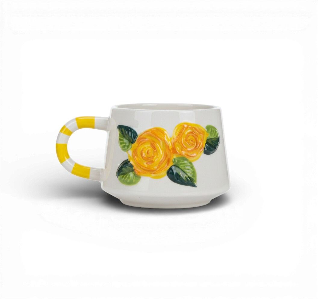 Sarı Renk Gül Figürlü Kabartma Seramik Kupa