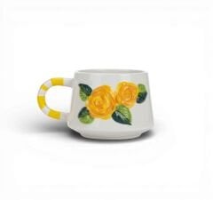 Sarı Renk Gül Figürlü Kabartma Seramik Kupa