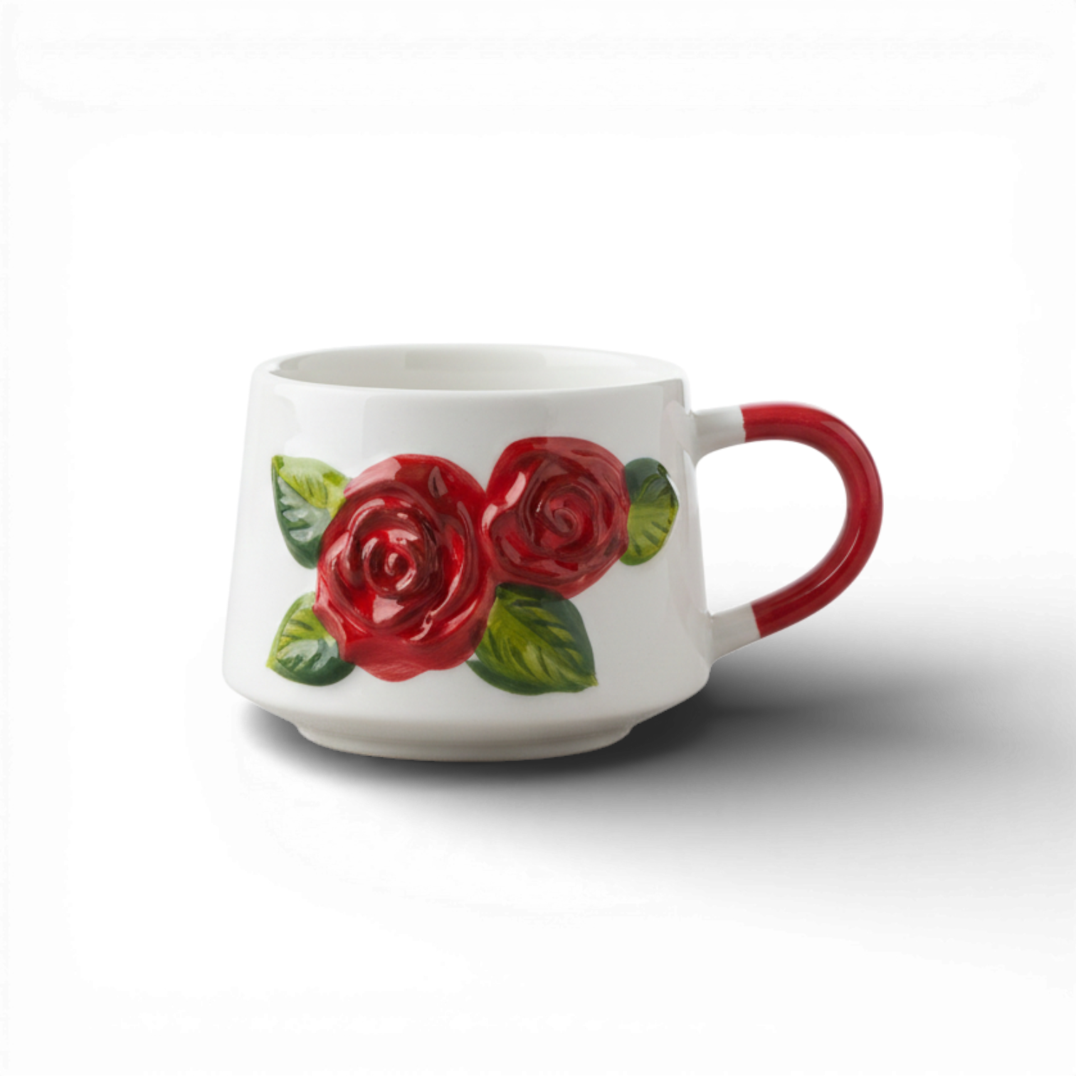 Kırmızı Renk Gül Figürlü Kabartma Seramik Kupa