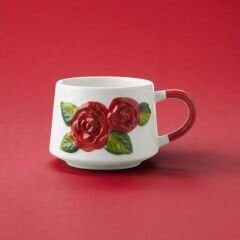 Kırmızı Renk Gül Figürlü Kabartma Seramik Kupa