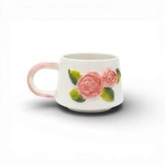 Pembe Renk Gül Figürlü Kabartma Seramik Kupa