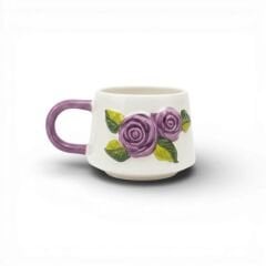 Lila Renk Gül Figürlü Kabartma Seramik Kupa