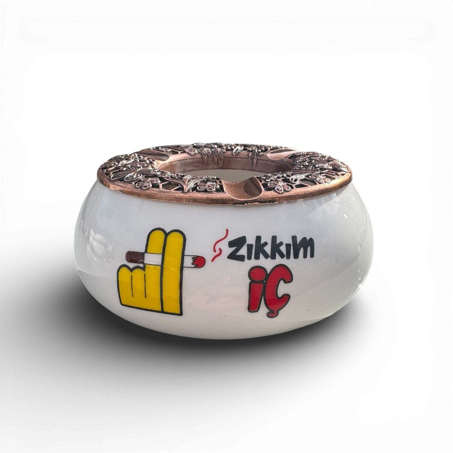 Zıkkkım İç Yazılı Metal Kapaklı Seramik Poyraz Küllük | Rüzgar Küllüğü | Dış Mekan Küllüğü