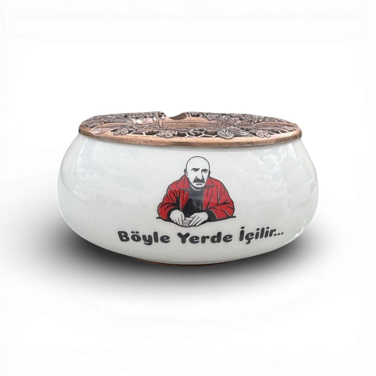 Böyle Yerde İçilir Yazılı Metal Kapaklı Seramik Poyraz Küllük | Rüzgar Küllüğü | Dış Mekan Küllüğü