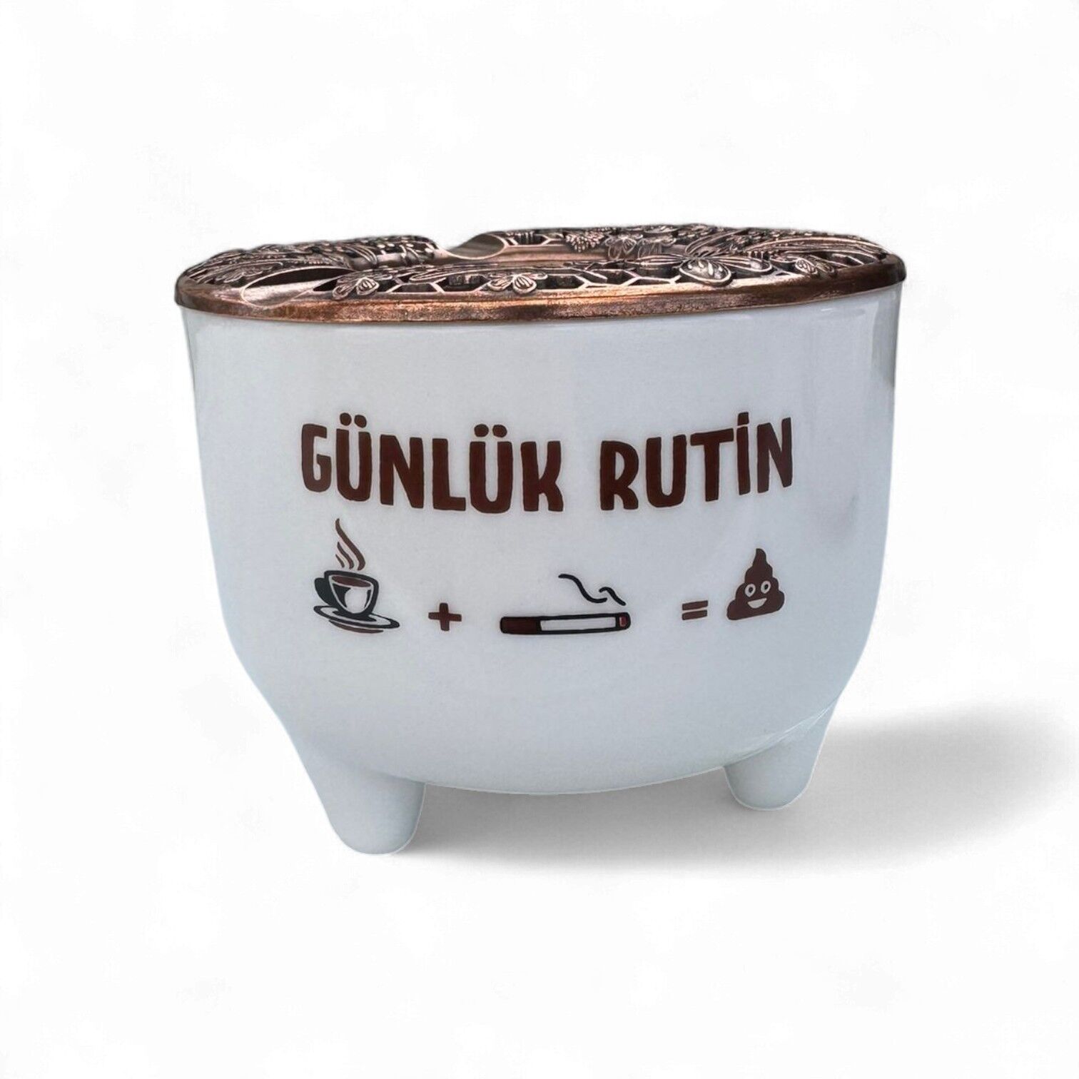 Günlük Rutin Yazılı Metal Kapaklı Seramik Ayşen Küllük | Rüzgar Küllüğü | Dış Mekan Küllüğü