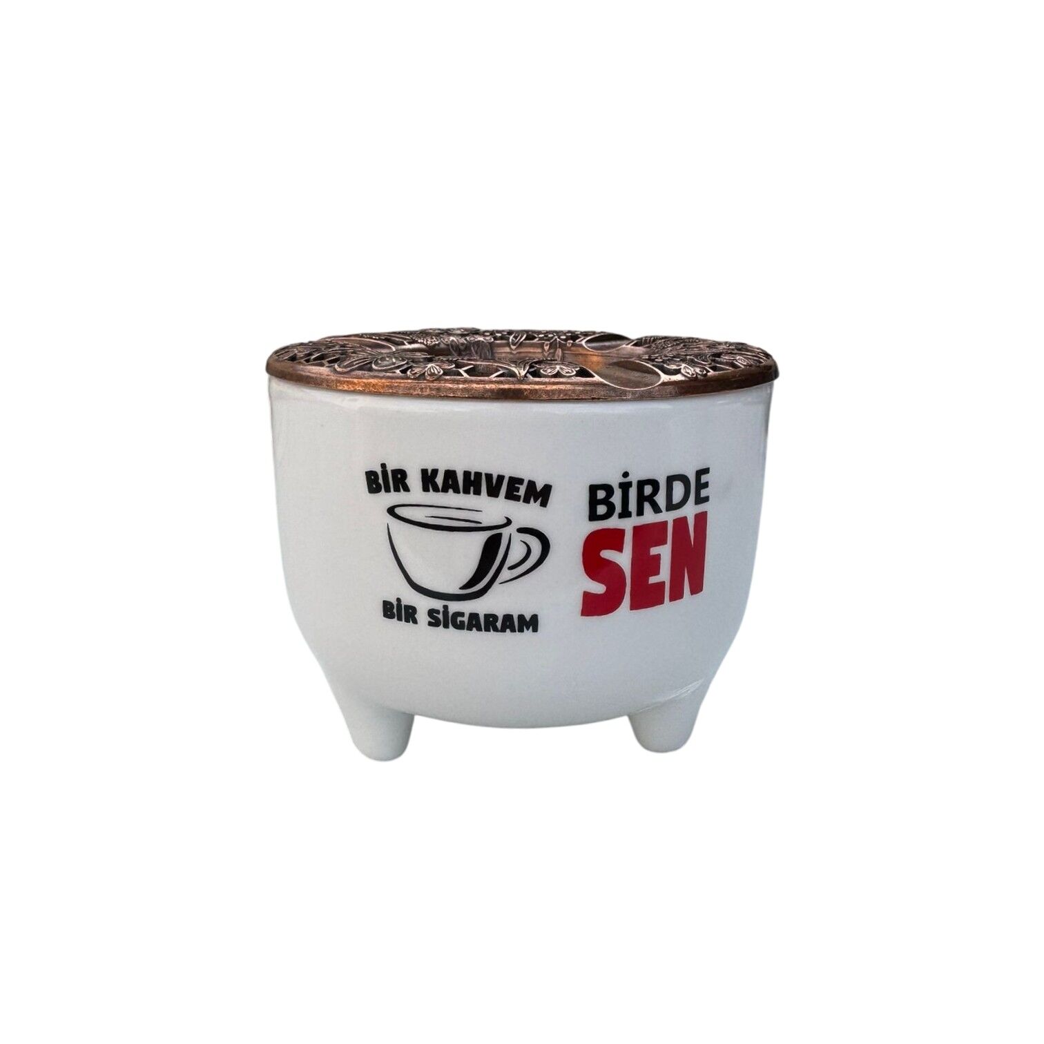 Bir Kahvem Bir de Sigaram Yazılı Metal Kapaklı Seramik Ayşen Küllük