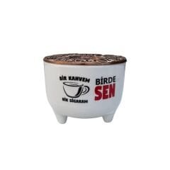 Bir Kahvem Bir de Sigaram Yazılı Metal Kapaklı Seramik Ayşen Küllük