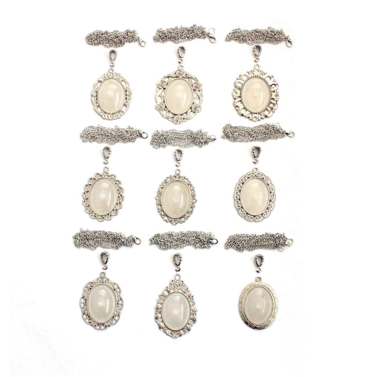 Set 122 Nikel Renkli 26-34 mm Zincirli Oval 9 lu Oval Metal Kolye Malzemeleri Seti