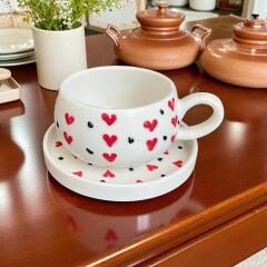 Kırmızı Kalp Desenli 2 Adet Beren Tabaklı Kupa, Sevgiliye Hediye Kupa, Cake Cup Kupa