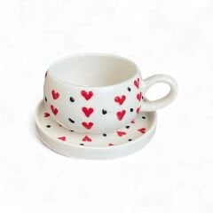 Kırmızı Kalp Desenli 2 Adet Beren Tabaklı Kupa, Sevgiliye Hediye Kupa, Cake Cup Kupa
