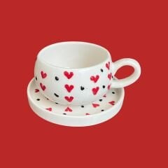 Kırmızı Kalp Desenli 2 Adet Beren Tabaklı Kupa, Sevgiliye Hediye Kupa, Cake Cup Kupa