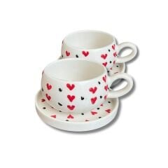 Kırmızı Kalp Desenli 2 Adet Beren Tabaklı Kupa, Sevgiliye Hediye Kupa, Cake Cup Kupa