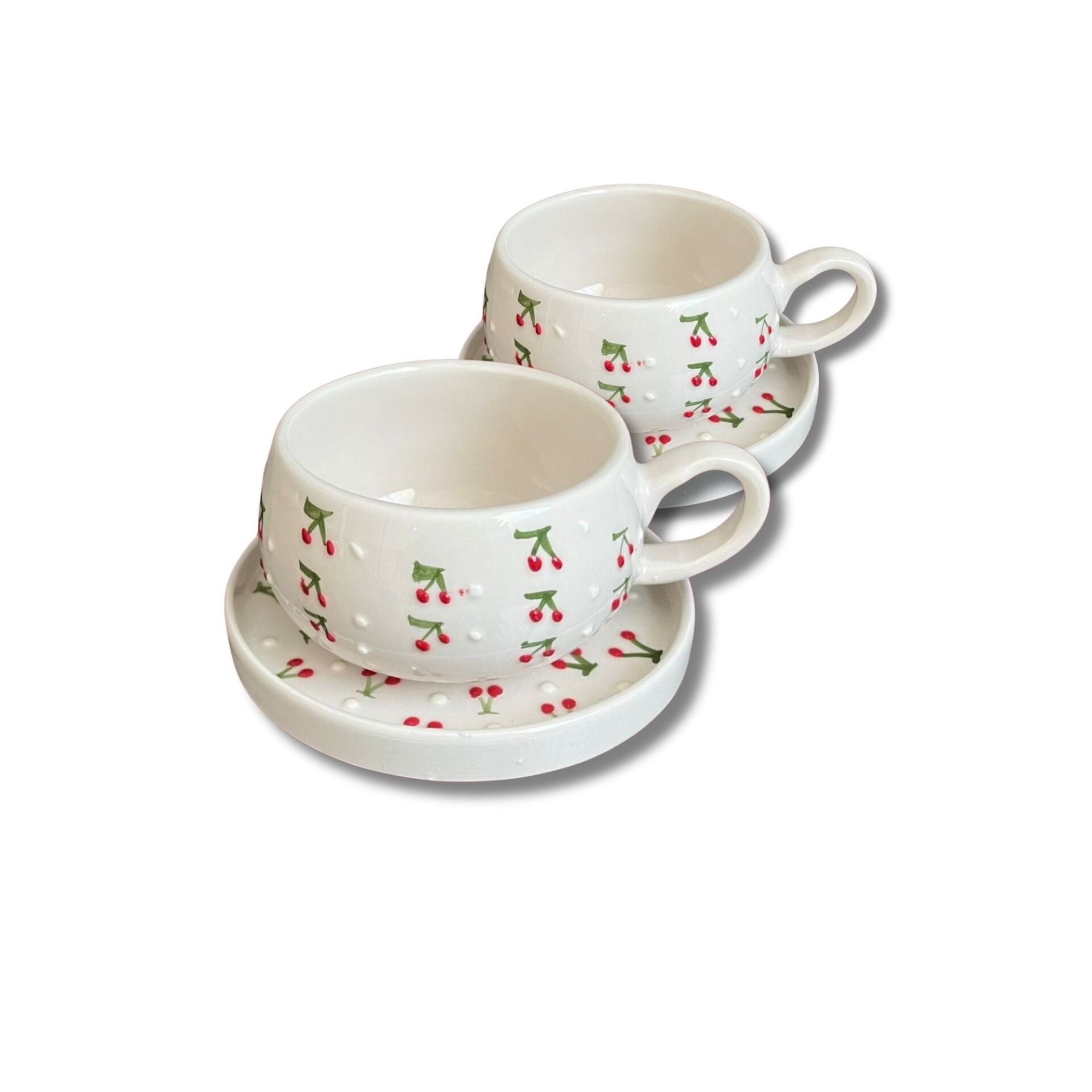 Baby Kiraz Desenli 2 Adet Beren Tabaklı Kupa, Pasta Kupası