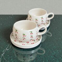 Baby Kiraz Desenli 2 Adet Beren Tabaklı Kupa, Pasta Kupası