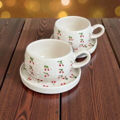 Baby Kiraz Desenli 2 Adet Beren Tabaklı Kupa, Pasta Kupası