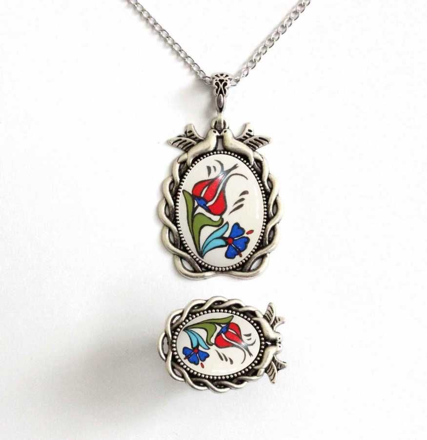 İlbay Çini Takı  Kolye Yüzük Seti 2527DS044