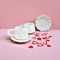 Kabartma Papatya Desenli 2 Adet Tabaklı Kupa