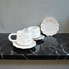 Kabartma Papatya Desenli 2 Adet Tabaklı Kupa