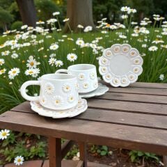 Kabartma Papatya Desenli 2 Adet Tabaklı Kupa