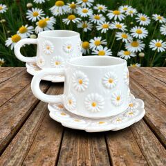 Kabartma Papatya Desenli 2 Adet Tabaklı Kupa