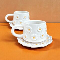 Kabartma Papatya Desenli 2 Adet Tabaklı Kupa