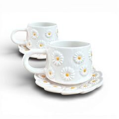 Kabartma Papatya Desenli 2 Adet Tabaklı Kupa