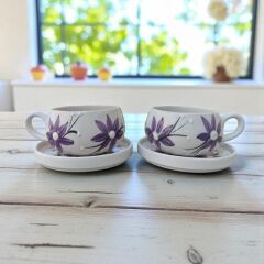 Lila Renkli Zambak Çiçeği Desenli 2 Adet Beren Tabaklı Kupa