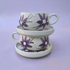 Lila Renkli Zambak Çiçeği Desenli 2 Adet Beren Tabaklı Kupa