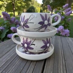 Lila Renkli Zambak Çiçeği Desenli 2 Adet Beren Tabaklı Kupa