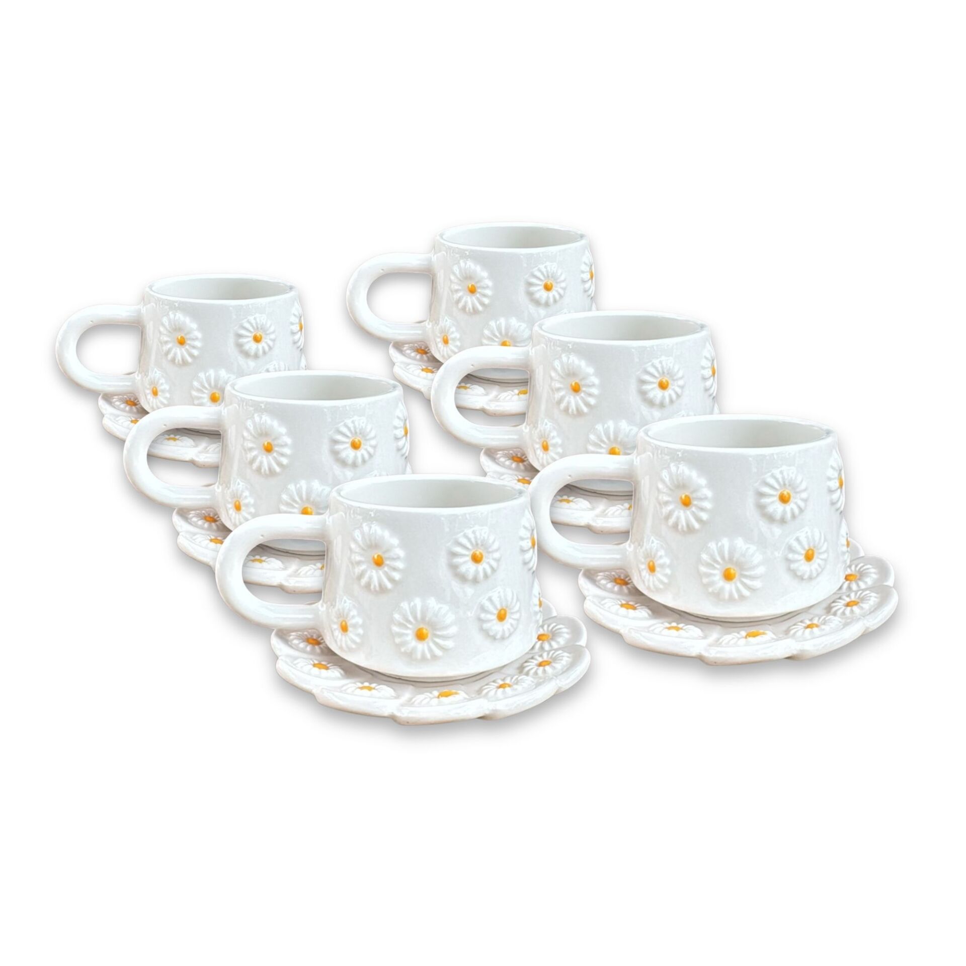 Kabartma Papatya Desenli 6 Adet Tabaklı Kupa