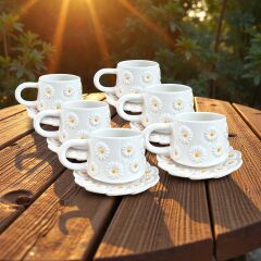 Kabartma Papatya Desenli 6 Adet Tabaklı Kupa