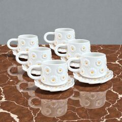 Kabartma Papatya Desenli 6 Adet Tabaklı Kupa