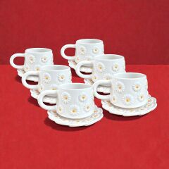 Kabartma Papatya Desenli 6 Adet Tabaklı Kupa