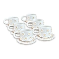 Kabartma Papatya Desenli 6 Adet Tabaklı Kupa