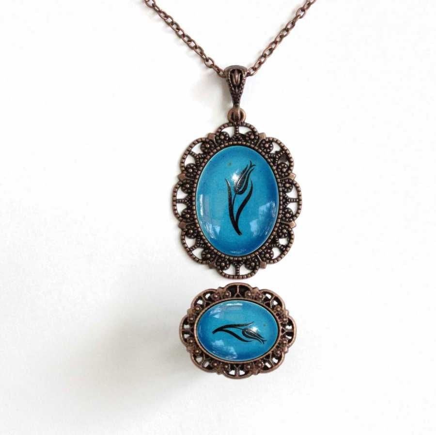 İlbay Çini Takı  Kolye Yüzük Seti 2525DS502